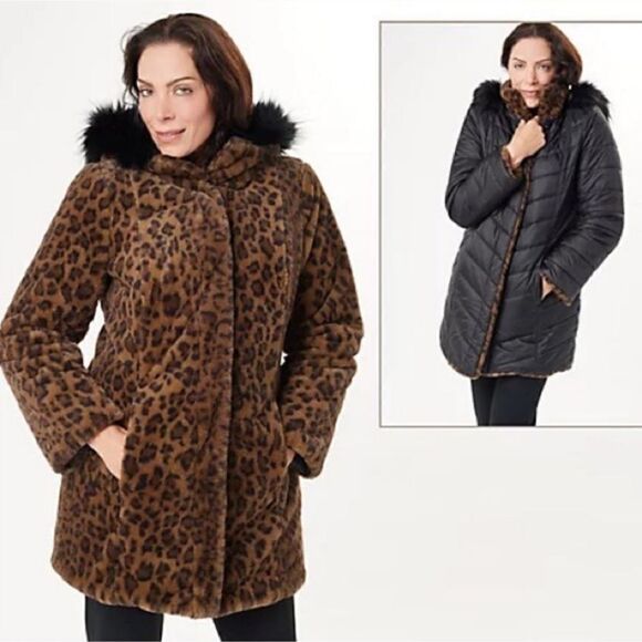 Reversible Dennis Basso Coat - Black Puffer & Faux Fur Leapord Print Size XXS - Picture 2 of 16
